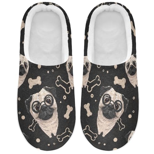 YOUJUNER Damen Herren Hausschuhe Süße Mops-Hund-Muster Memory Schaum Weiche Pantoffeln Winter Plüsch Warme Slippers Unisex von YOUJUNER