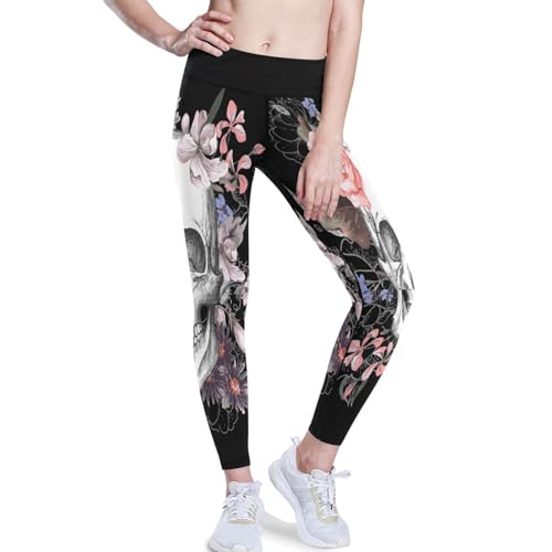 YOUJUNER Damen-Leggings, Blumenmuster, Totenkopf-Design, hohe Taille, Yogahose für Damen, Workout, Sport, Laufen, Fitnessstudio, Fitness-Leggings, mehrfarbig, XXL von YOUJUNER