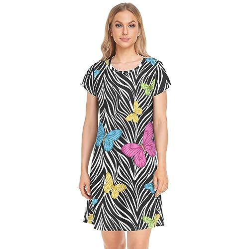 YOUJUNER Damen Nachthemd Zebra Print Bunte Schmetterling Nachthemd Nachthemd Kurzarm Nachthemd Nachtwäsche Loungewear T-Shirt Kleid, mehrfarbig, 46 von YOUJUNER