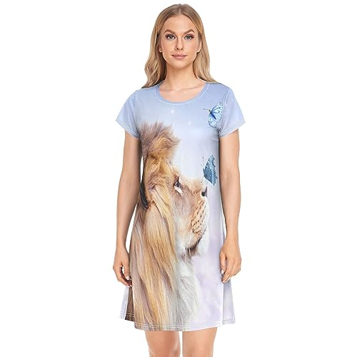 YOUJUNER Damen Nachthemden Afrikanischer Tierlöwe Nachtwäsche Kurzarm Schlafshirt Sommer Sleepshirt Nachtkleid Schlafhemd von YOUJUNER