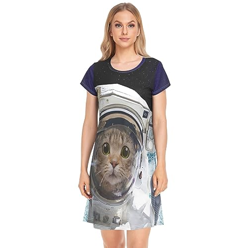 YOUJUNER Damen Nachthemden Astronauten-Katze Nachtwäsche Kurzarm Schlafshirt Sommer Sleepshirt Nachtkleid Schlafhemd von YOUJUNER