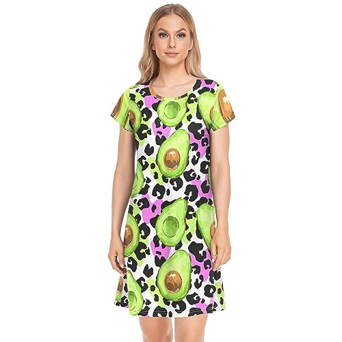 YOUJUNER Damen Nachthemden Avocado-Leopard-Druck Nachtwäsche Kurzarm Schlafshirt Sommer Sleepshirt Nachtkleid Schlafhemd von YOUJUNER