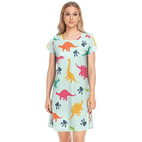 YOUJUNER Damen Nachthemden Buntes Dinosaurier-Muster Nachtwäsche Kurzarm Schlafshirt Sommer Sleepshirt Nachtkleid Schlafhemd von YOUJUNER