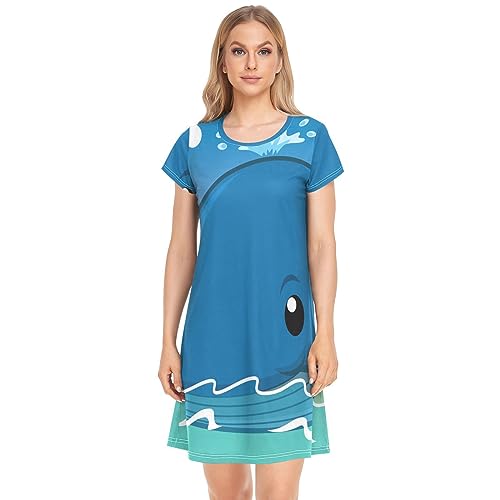 YOUJUNER Damen Nachthemden Cartoon süßer Wal Nachtwäsche Kurzarm Schlafshirt Sommer Sleepshirt Nachtkleid Schlafhemd von YOUJUNER