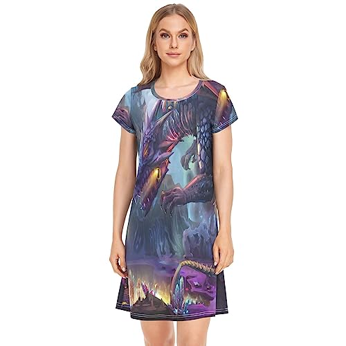 YOUJUNER Damen Nachthemden Fantasy-Drache Nachtwäsche Kurzarm Schlafshirt Sommer Sleepshirt Nachtkleid Schlafhemd von YOUJUNER