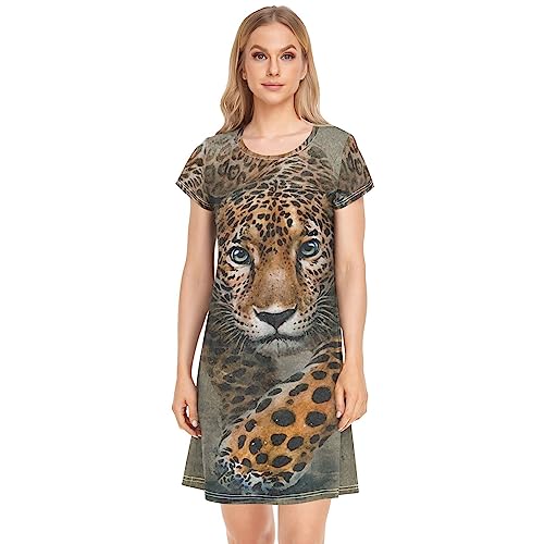 YOUJUNER Damen Nachthemden Leoparden-Print Nachtwäsche Kurzarm Schlafshirt Sommer Sleepshirt Nachtkleid Schlafhemd von YOUJUNER