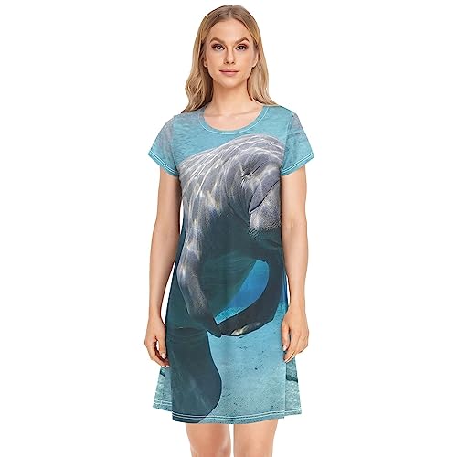 YOUJUNER Damen Nachthemden Meerestier-Seekuh Nachtwäsche Kurzarm Schlafshirt Sommer Sleepshirt Nachtkleid Schlafhemd von YOUJUNER