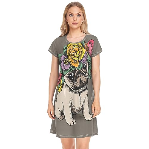 YOUJUNER Damen Nachthemden Mops Dog Nachtwäsche Kurzarm Schlafshirt Sommer Sleepshirt Nachtkleid Schlafhemd von YOUJUNER