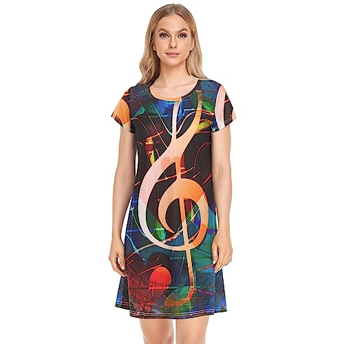 YOUJUNER Damen Nachthemden Musiknote Nachtwäsche Kurzarm Schlafshirt Sommer Sleepshirt Nachtkleid Schlafhemd von YOUJUNER