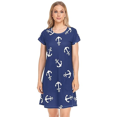 YOUJUNER Damen Nachthemden Navy Blue Anchor Pattern Nachtwäsche Kurzarm Schlafshirt Sommer Sleepshirt Nachtkleid Schlafhemd von YOUJUNER