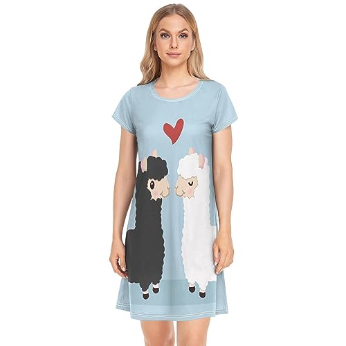 YOUJUNER Damen Nachthemden Nette Lama-Liebe Nachtwäsche Kurzarm Schlafshirt Sommer Sleepshirt Nachtkleid Schlafhemd von YOUJUNER