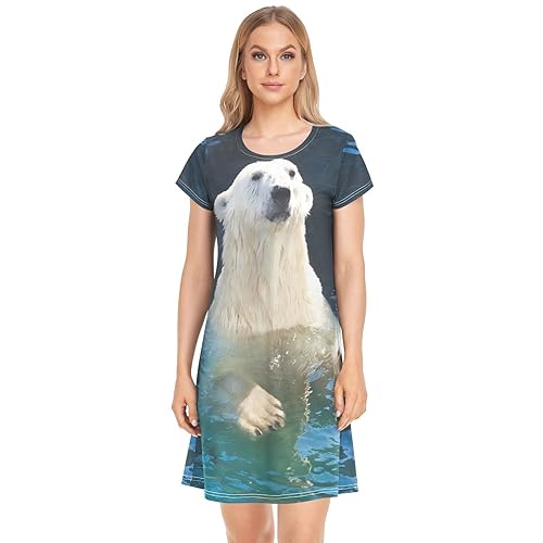 YOUJUNER Damen Nachthemden Netter weißer Eisbär Nachtwäsche Kurzarm Schlafshirt Sommer Sleepshirt Nachtkleid Schlafhemd von YOUJUNER