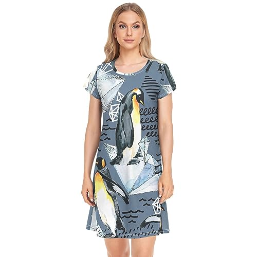 YOUJUNER Damen Nachthemden Nettes Pinguin-Muster Nachtwäsche Kurzarm Schlafshirt Sommer Sleepshirt Nachtkleid Schlafhemd von YOUJUNER