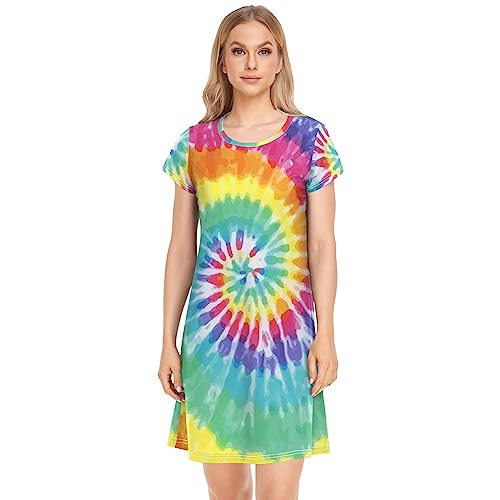 YOUJUNER Damen Nachthemden Regenbogen-Krawattenfarbe Nachtwäsche Kurzarm Schlafshirt Sommer Sleepshirt Nachtkleid Schlafhemd von YOUJUNER