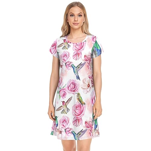 YOUJUNER Damen Nachthemden Rosafarbener Rosen-Kolibri Nachtwäsche Kurzarm Schlafshirt Sommer Sleepshirt Nachtkleid Schlafhemd von YOUJUNER