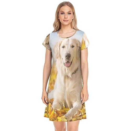 YOUJUNER Damen Nachthemden Schöner Golden Retriever-Hund Nachtwäsche Kurzarm Schlafshirt Sommer Sleepshirt Nachtkleid Schlafhemd von YOUJUNER