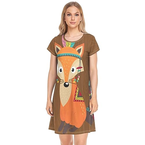 YOUJUNER Damen Nachthemden Stammes-Fuchs Nachtwäsche Kurzarm Schlafshirt Sommer Sleepshirt Nachtkleid Schlafhemd von YOUJUNER