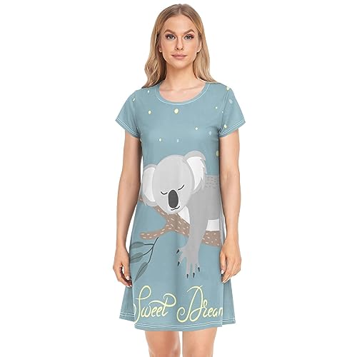 YOUJUNER Damen Nachthemden Süße Koala-Bär-Druck Nachtwäsche Kurzarm Schlafshirt Sommer Sleepshirt Nachtkleid Schlafhemd von YOUJUNER