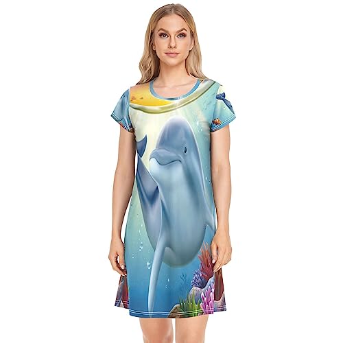 YOUJUNER Damen Nachthemden Süßer Delfin Nachtwäsche Kurzarm Schlafshirt Sommer Sleepshirt Nachtkleid Schlafhemd von YOUJUNER