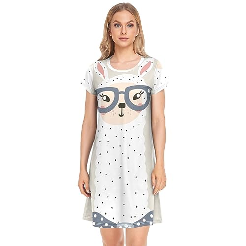 YOUJUNER Damen Nachthemden Süßes Lama Alpaka Nachtwäsche Kurzarm Schlafshirt Sommer Sleepshirt Nachtkleid Schlafhemd von YOUJUNER