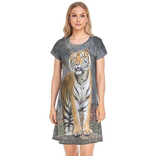 YOUJUNER Damen Nachthemden Tier-Tiger-Druck Nachtwäsche Kurzarm Schlafshirt Sommer Sleepshirt Nachtkleid Schlafhemd von YOUJUNER