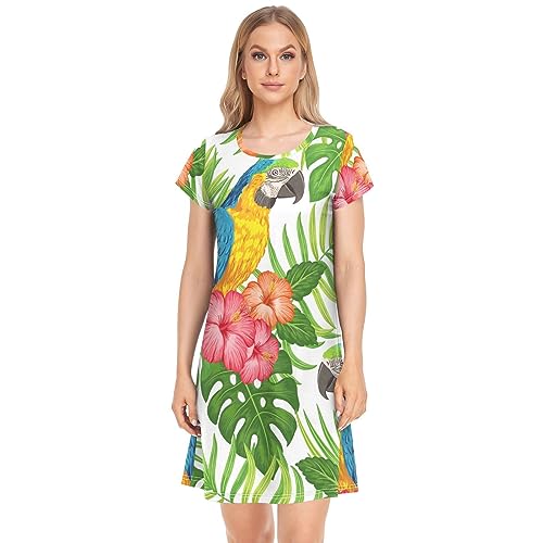 YOUJUNER Damen Nachthemden Tropischer Palmblatt-Ara-Papagei Nachtwäsche Kurzarm Schlafshirt Sommer Sleepshirt Nachtkleid Schlafhemd von YOUJUNER