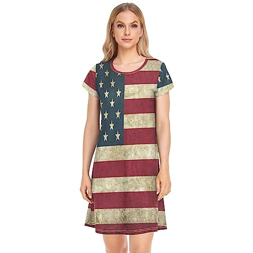YOUJUNER Damen Nachthemden Vintage USA-Flagge Nachtwäsche Kurzarm Schlafshirt Sommer Sleepshirt Nachtkleid Schlafhemd von YOUJUNER