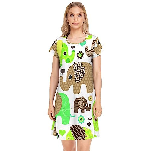 YOUJUNER Damen Nachthemden süße Elefant Nachtwäsche Kurzarm Schlafshirt Sommer Sleepshirt Nachtkleid Schlafhemd von YOUJUNER