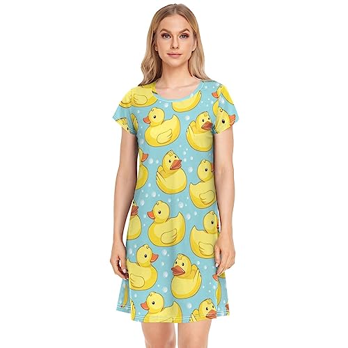 YOUJUNER Damen Nachthemden süßer Gelbe Enten Nachtwäsche Kurzarm Schlafshirt Sommer Sleepshirt Nachtkleid Schlafhemd von YOUJUNER