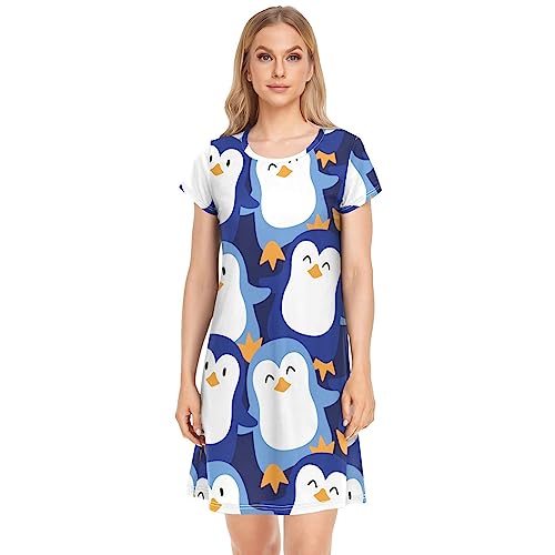 YOUJUNER Damen Nachthemden süßer Pinguin Nachtwäsche Kurzarm Schlafshirt Sommer Sleepshirt Nachtkleid Schlafhemd von YOUJUNER