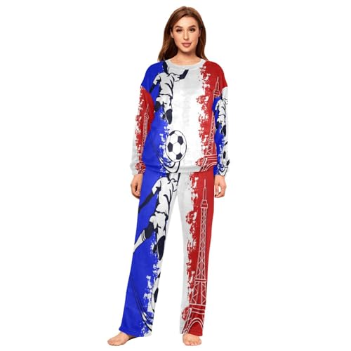 YOUJUNER Damen-Pyjama-Sets, Frankreich-Flagge, Eiffelturm, Fußball, Pyjama, Pyjama, Winter, warme Nachtwäsche, Loungewear-Set für Frauen und Mädchen, mehrfarbig, 38 von YOUJUNER