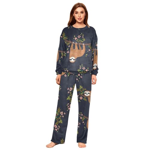 YOUJUNER Damen-Schlafanzug-Set, süßes Faultier-Muster, Pyjama-Pyjama, Winter, warme Nachtwäsche, Loungewear-Set für Frauen und Mädchen, mehrfarbig, 36 von YOUJUNER