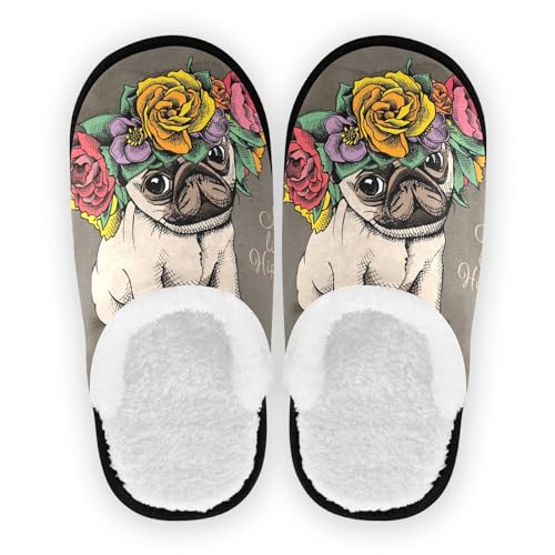 YOUJUNER Herren Damen Hausschuhe Mops Dog Slippers für Frauen Warme Pantoffeln Haus Schuhe Bequeme Schlafzimmer Schuhe von YOUJUNER