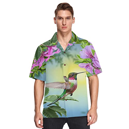 YOUJUNER Herren Kurzarm Blume Vogel Kolibri Hawaiihemd Kurzarm Button Down Casual Strand Shirts Sommer Kurzarm, mehrfarbig, XL von YOUJUNER