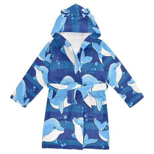YOUJUNER Kinder Bademantel Blauer Delphin-Meeresfisch Morgenmantel Weicher Warm Plüsch Fleece Nachtwäsche mit Kapuze für Mädchen Jungen von YOUJUNER