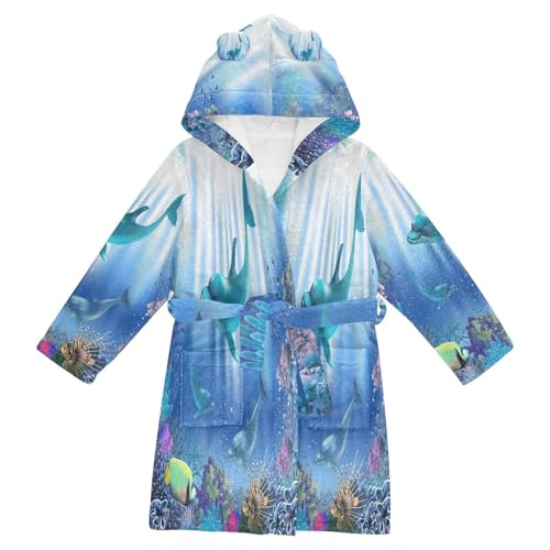 YOUJUNER Kinder Bademantel Ozean-Meerestier-Delphin Morgenmantel Weicher Warm Plüsch Fleece Nachtwäsche mit Kapuze für Mädchen Jungen von YOUJUNER