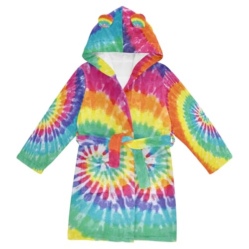 YOUJUNER Kinder Bademantel Regenbogen-Krawattenfarbe Morgenmantel Weicher Warm Plüsch Fleece Nachtwäsche mit Kapuze für Mädchen Jungen von YOUJUNER