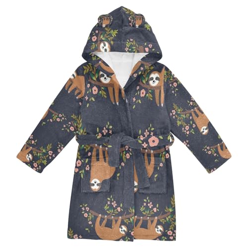 YOUJUNER Kinder Bademantel süßer Faultier-Muster Morgenmantel Weicher Warm Plüsch Fleece Nachtwäsche mit Kapuze für Mädchen Jungen von YOUJUNER