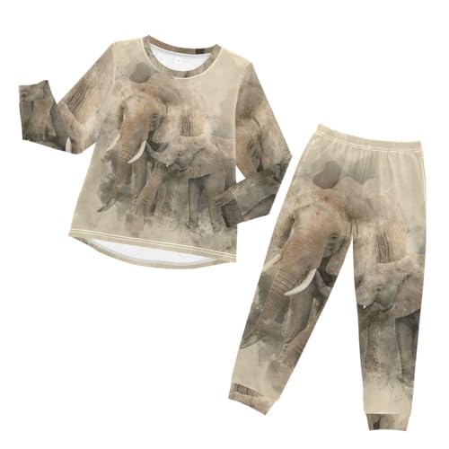 YOUJUNER Kinder Schlafanzug Set Afrikanischer Wilder Elefant Pyjama Langarm Nachtwäsche Zweiteilig Schlafanzüge Set für Jungen Mädchen von YOUJUNER