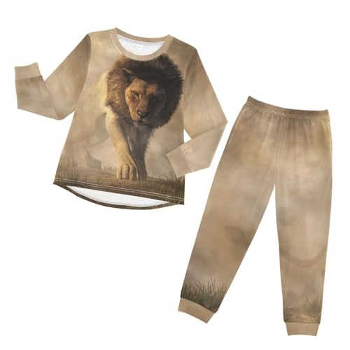YOUJUNER Kinder Schlafanzug Set Afrikanischer Wilder Löwe Pyjama Langarm Nachtwäsche Zweiteilig Schlafanzüge Set für Jungen Mädchen von YOUJUNER