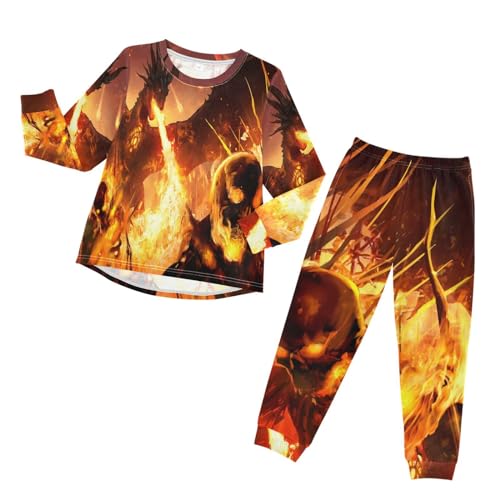 YOUJUNER Kinder Schlafanzug Set Fantasie-Drache-Zuckerschädel-Skelette Pyjama Langarm Nachtwäsche Zweiteilig Schlafanzüge Set für Jungen Mädchen von YOUJUNER