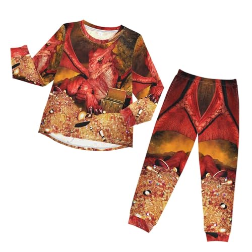 YOUJUNER Kinder Schlafanzug Set Fantasie des roten Drachen Pyjama Langarm Nachtwäsche Zweiteilig Schlafanzüge Set für Jungen Mädchen von YOUJUNER