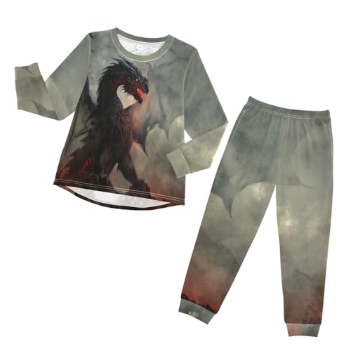 YOUJUNER Kinder Schlafanzug Set Fantasy-Drachen-Dekor Pyjama Langarm Nachtwäsche Zweiteilig Schlafanzüge Set für Jungen Mädchen von YOUJUNER