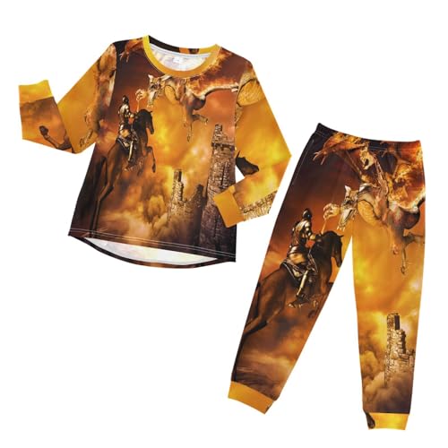 YOUJUNER Kinder Schlafanzug Set Fantasy Dragon Castle Knight Pyjama Langarm Nachtwäsche Zweiteilig Schlafanzüge Set für Jungen Mädchen von YOUJUNER