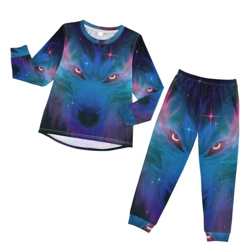 YOUJUNER Kinder Schlafanzug Set Galaxy-Wolf-Gesicht Pyjama Langarm Nachtwäsche Zweiteilig Schlafanzüge Set für Jungen Mädchen von YOUJUNER