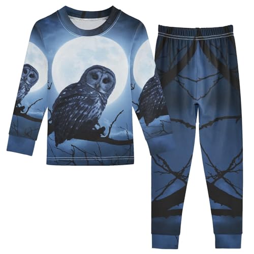 YOUJUNER Kinder Schlafanzug Set Nachtmond-Eule Baumwolle Pyjama Langarm Nachtwäsche Zweiteilig Schlafanzüge Set für Jungen Mädchen von YOUJUNER