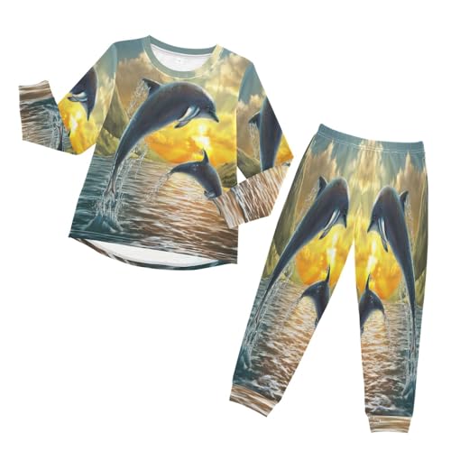 YOUJUNER Kinder Schlafanzug Set Ozean-Meerestier-Delphin Pyjama Langarm Nachtwäsche Zweiteilig Schlafanzüge Set für Jungen Mädchen von YOUJUNER