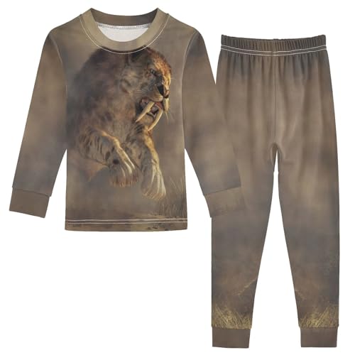 YOUJUNER Kinder Schlafanzug Set Säbelzahntiger-Druck Baumwolle Pyjama Langarm Nachtwäsche Zweiteilig Schlafanzüge Set für Jungen Mädchen von YOUJUNER