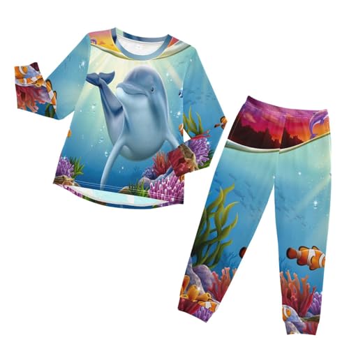 YOUJUNER Kinder Schlafanzug Set Süßer Delfin Pyjama Langarm Nachtwäsche Zweiteilig Schlafanzüge Set für Jungen Mädchen von YOUJUNER