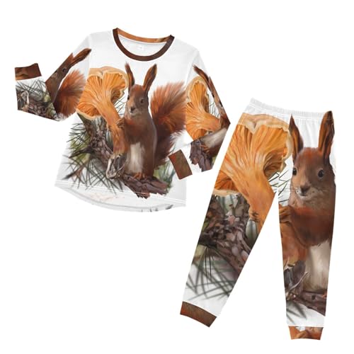 YOUJUNER Kinder Schlafanzug Set Süßer Eichhörnchen Pilz Pyjama Langarm Nachtwäsche Zweiteilig Schlafanzüge Set für Jungen Mädchen von YOUJUNER